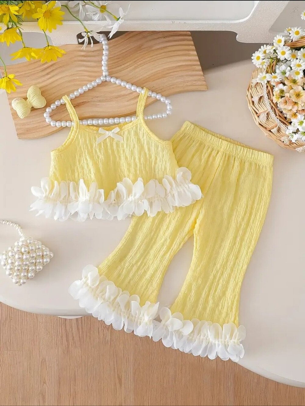 Girl's Yellow Ruffle Two-Piece Top & Pants Summer Set, Size 2-3Y